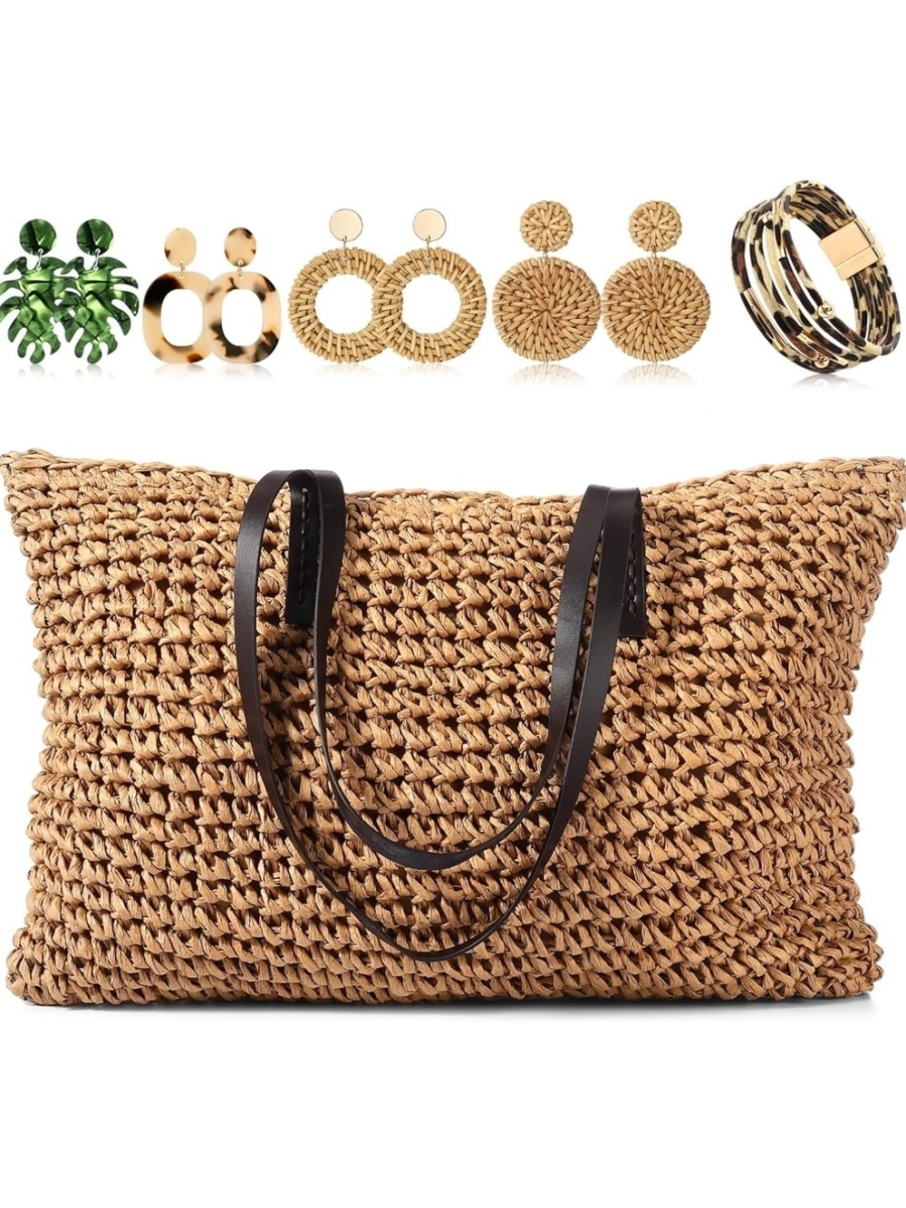 Woven Straw Tote Bag Set